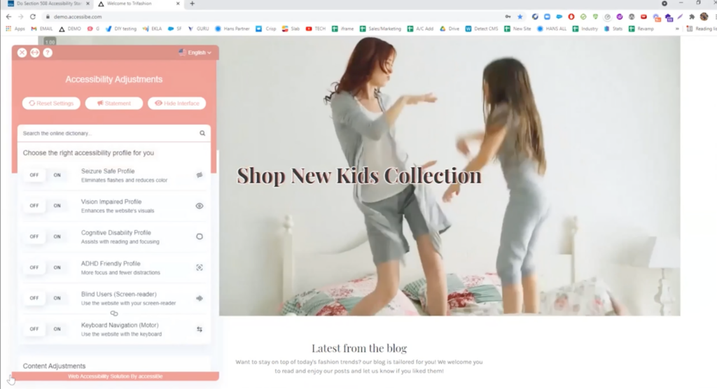 accessiBe's website accessibility adjustments